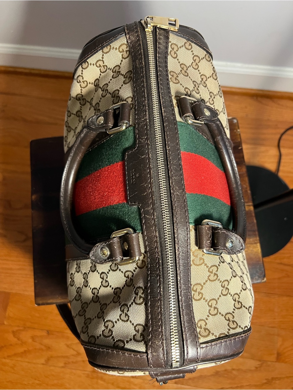 Gucci Beige Monogram Satchel with Green & Red Center Stripe - Picture 7 of 16